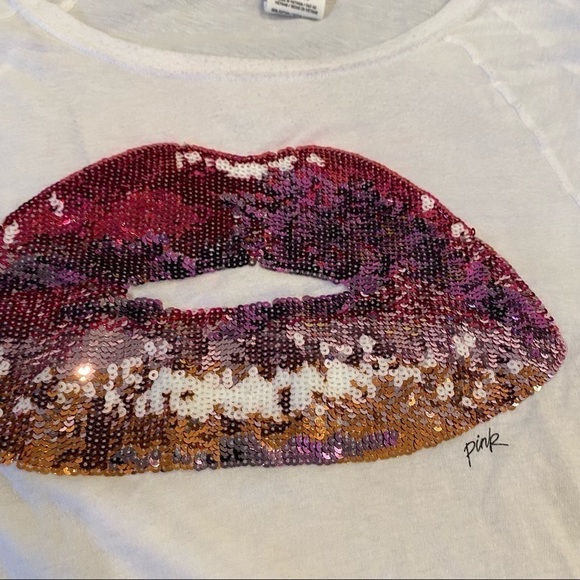 Pink white long sleeve XS women’s sequin lips - Picture 3 of 6